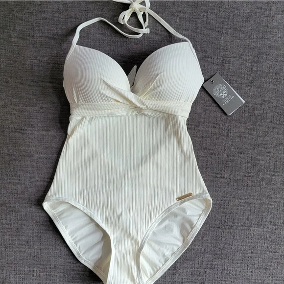 Vince Camuto Ivory Halter Wrap Front Molded Cups One Piece Women's Swims… - Picture 8 of 16